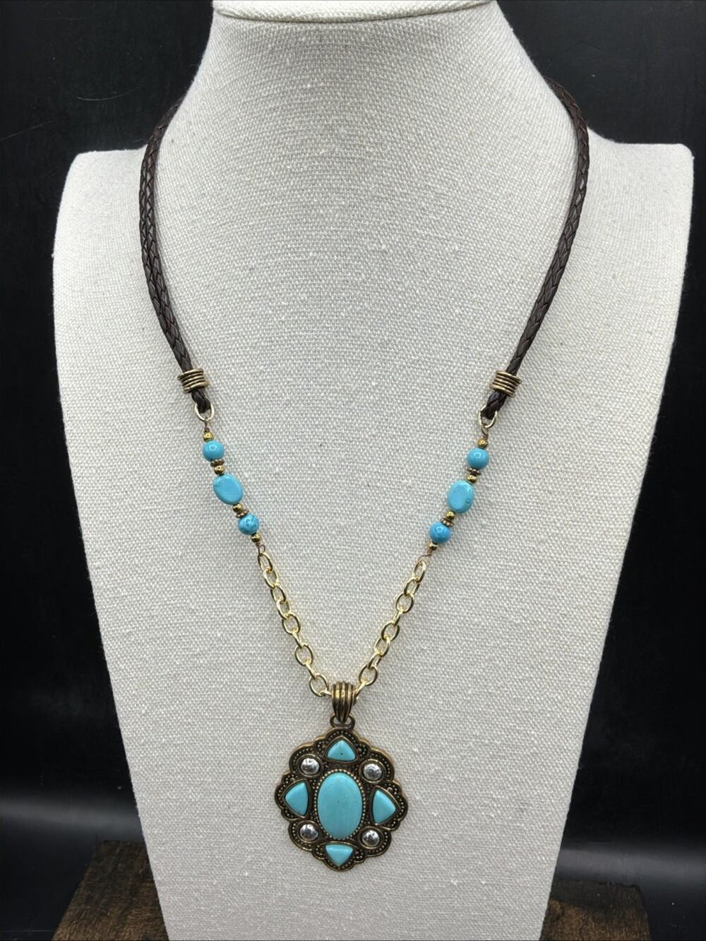 Barse Imara Necklace- Turquoise- Leather- Bronze & Silver-NWT